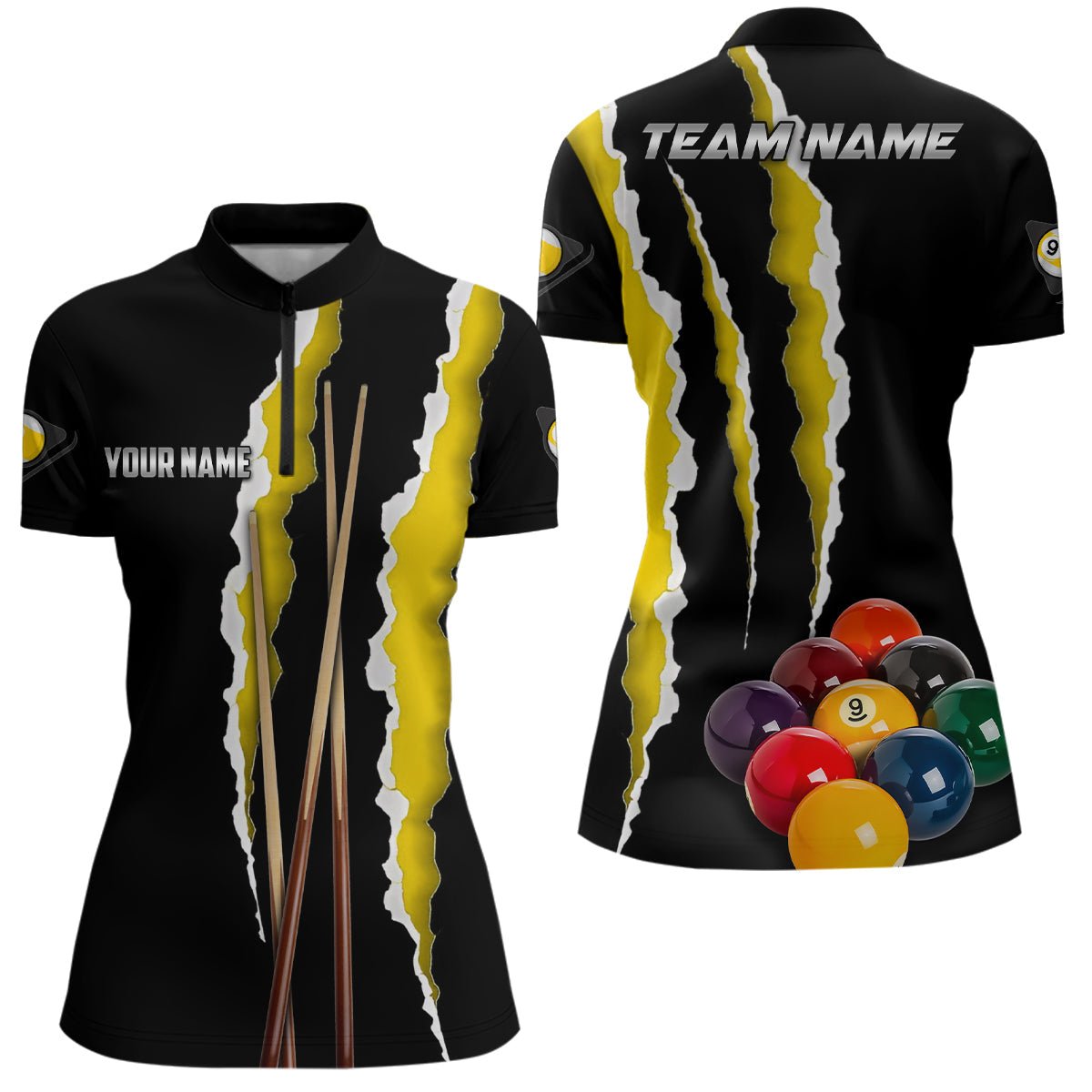 Damen Billiardshirt in Gelb und Schwarz mit 9 - Ball - Motiv T1856 - Outfitsuche