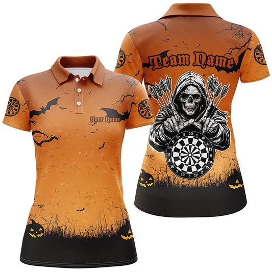 Damen Custom Orange Halloween Spuknacht Dart Shirt - Gruselige Skelett T2737 - Outfitsuche