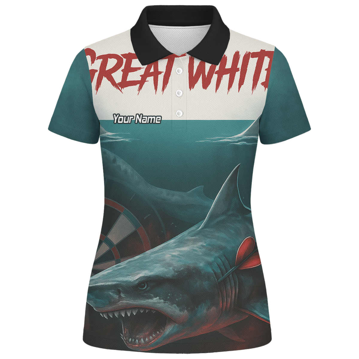 Damen Dart - Polo - Shirt Personalisiert Weißer Hai – Teamname – Petrol Schwarz T7018 - Outfitsuche