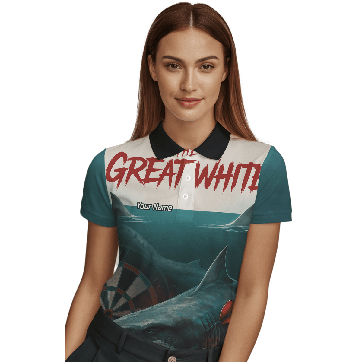 Damen Dart - Polo - Shirt Personalisiert Weißer Hai – Teamname – Petrol Schwarz T7018 - Outfitsuche