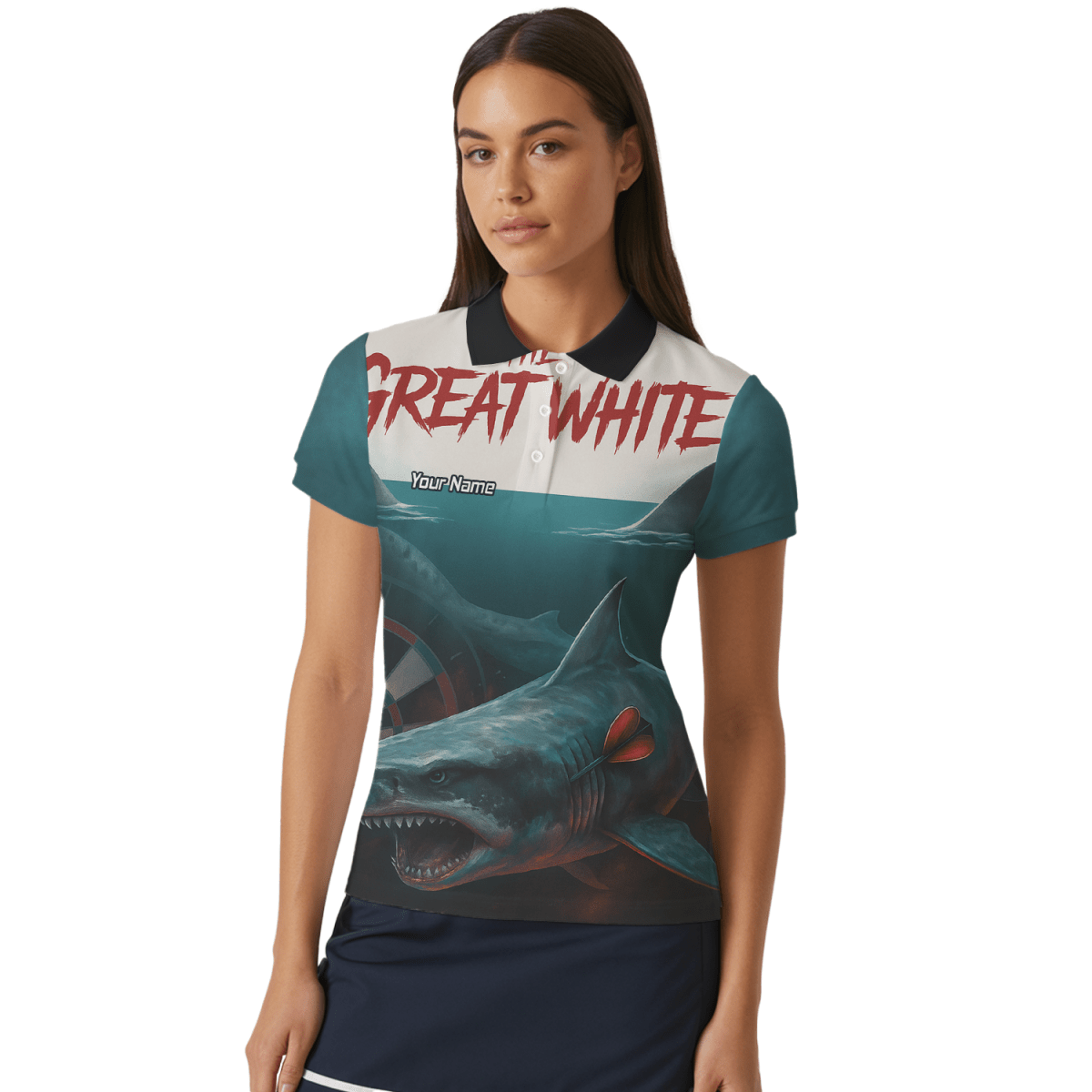 Damen Dart - Polo - Shirt Personalisiert Weißer Hai – Teamname – Petrol Schwarz T7018 - Outfitsuche