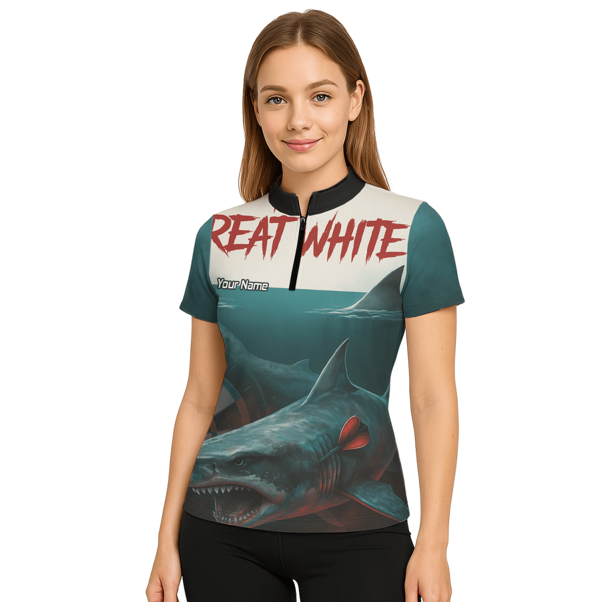 Damen Dart - Polo - Shirt Personalisiert Weißer Hai – Teamname – Petrol Schwarz T7018 - Outfitsuche