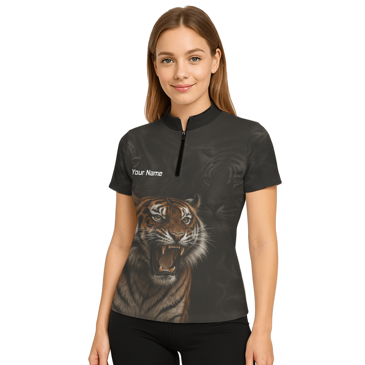 Damen Dart Polohemd Personalisiert – Tiger Team Trikot Schwarz – Mit Wunschname C7747 - Outfitsuche