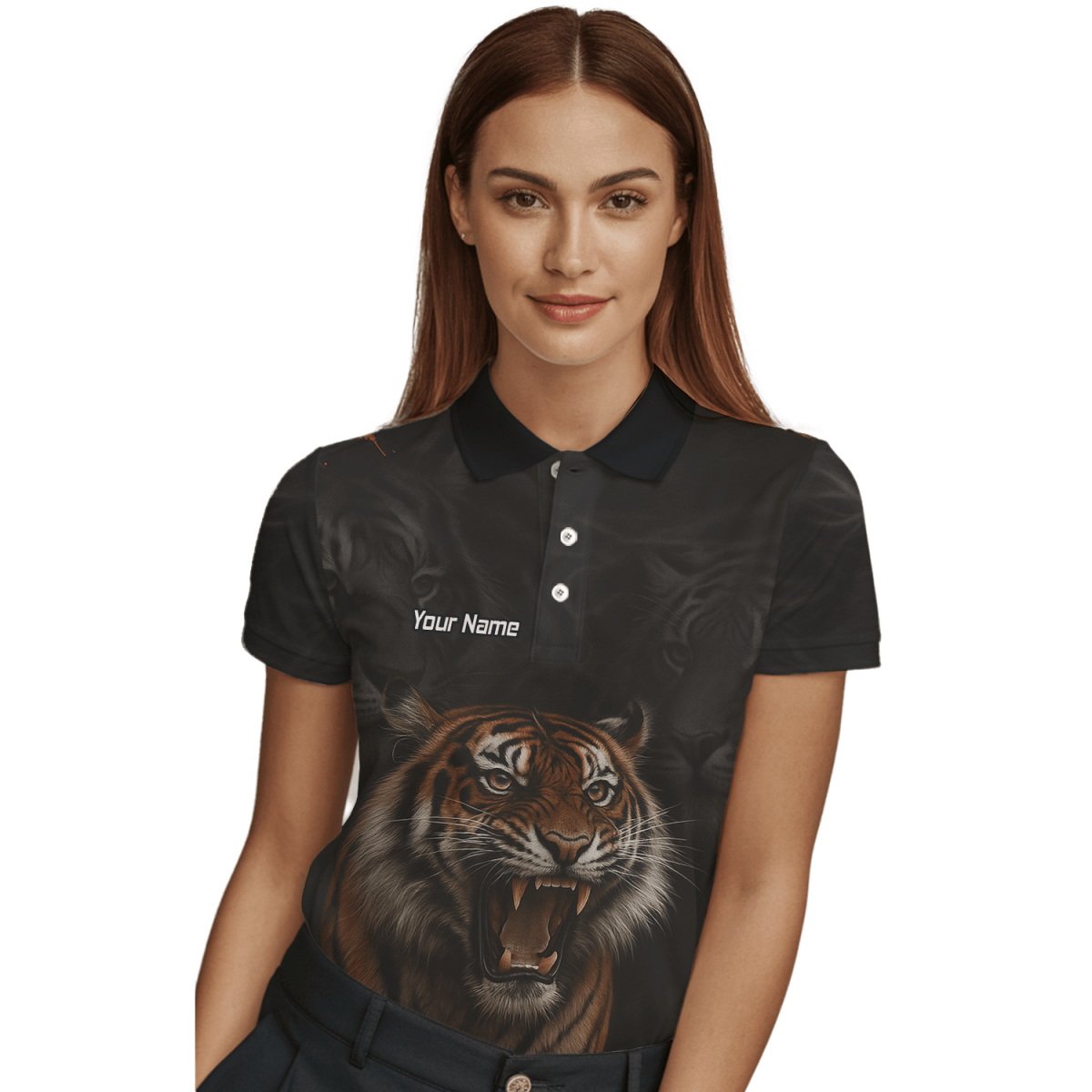 Damen Dart Polohemd Personalisiert – Tiger Team Trikot Schwarz – Mit Wunschname C7747 - Outfitsuche