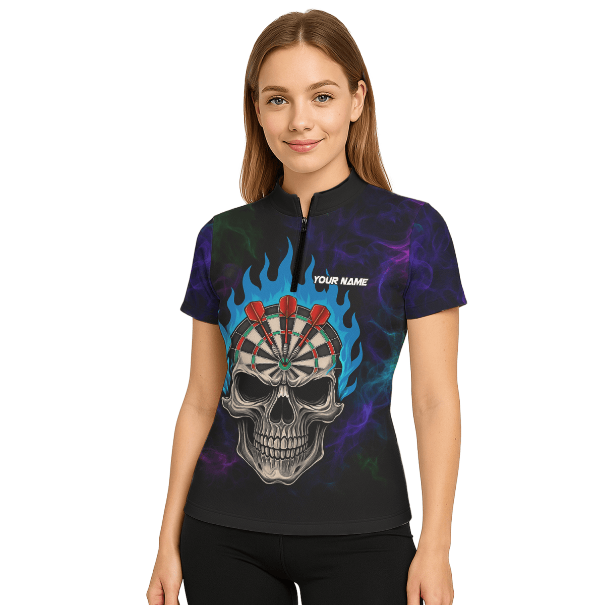 Damen Dart Poloshirt Personalisierbar Sensenmann Totenkopf Design Schwarz Lila C8621 - Outfitsuche