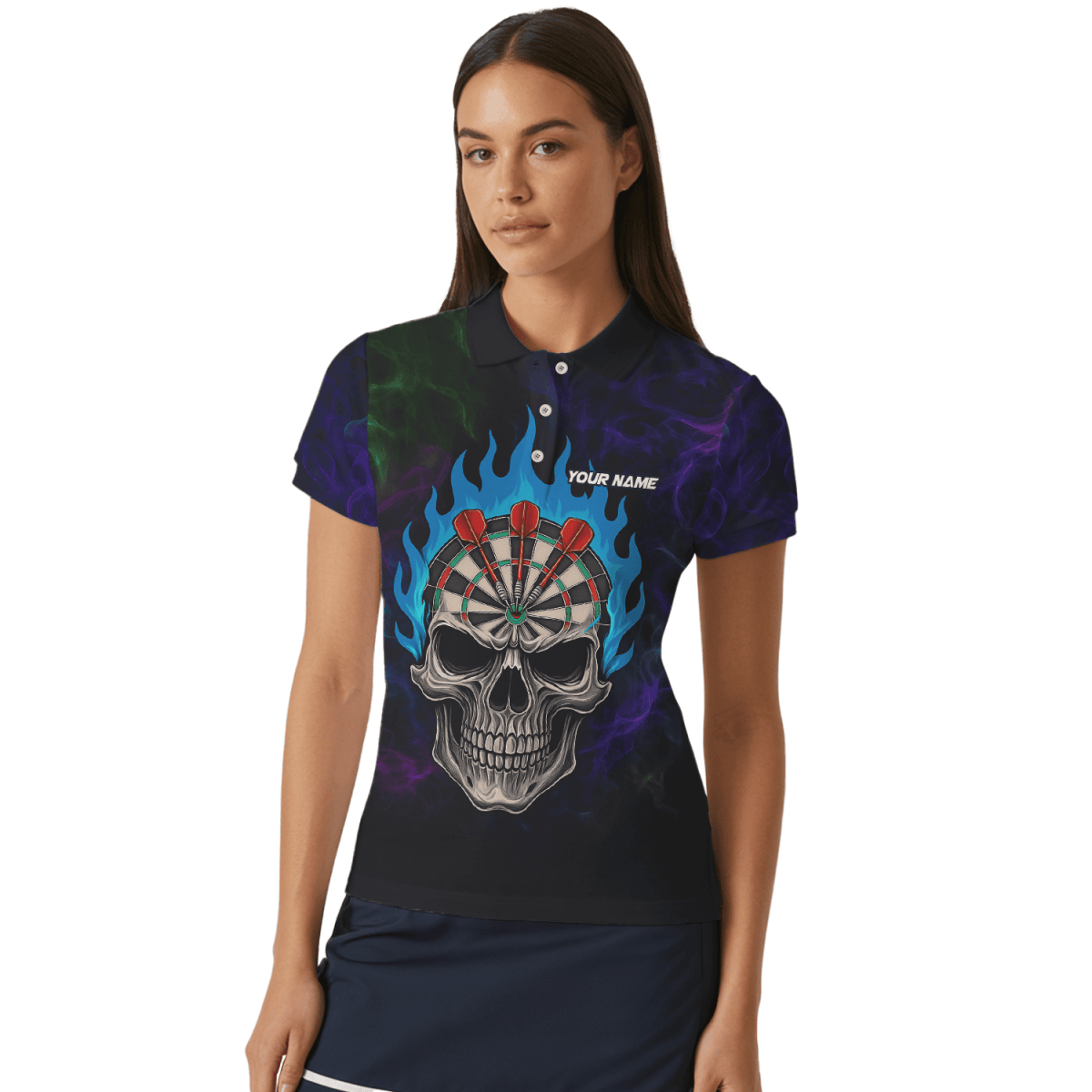 Damen Dart Poloshirt Personalisierbar Sensenmann Totenkopf Design Schwarz Lila C8621 - Outfitsuche