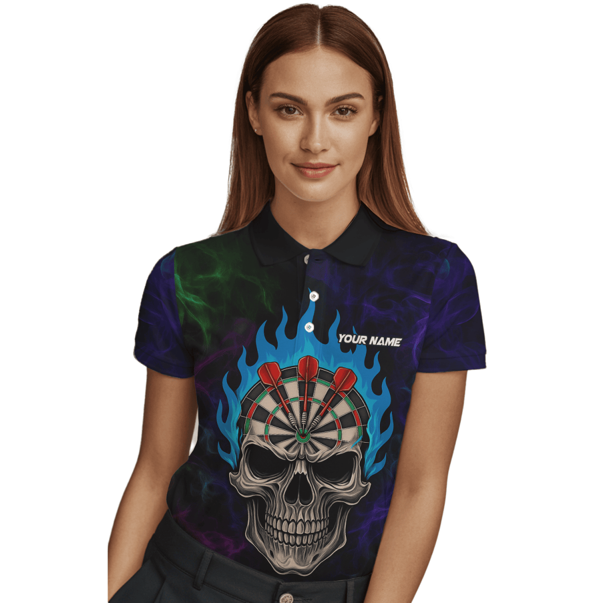 Damen Dart Poloshirt Personalisierbar Sensenmann Totenkopf Design Schwarz Lila C8621 - Outfitsuche