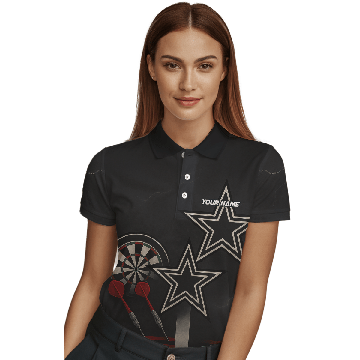 Damen Dart - Poloshirt Personalisiert - Schwarz - Rot - Weiße Sterne Grunge Design H3323 - Outfitsuche