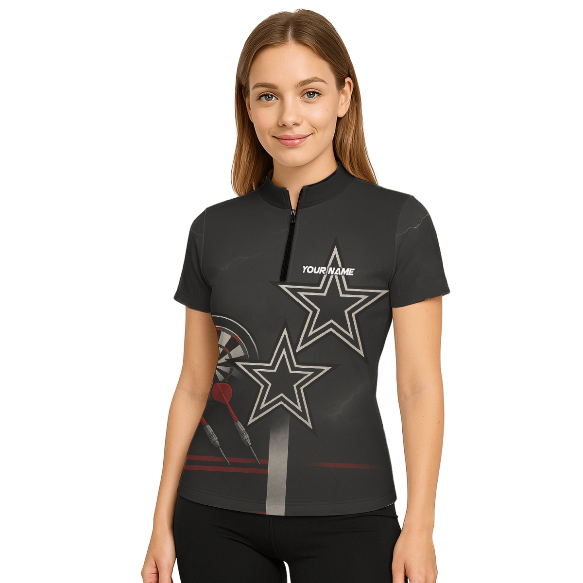 Damen Dart - Poloshirt Personalisiert - Schwarz - Rot - Weiße Sterne Grunge Design H3323 - Outfitsuche