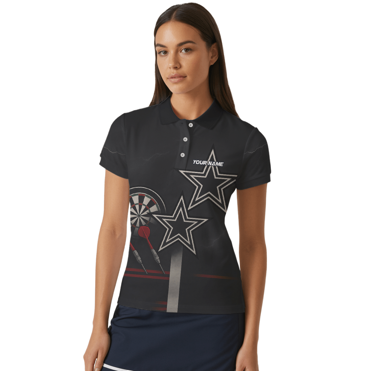 Damen Dart - Poloshirt Personalisiert - Schwarz - Rot - Weiße Sterne Grunge Design H3323 - Outfitsuche