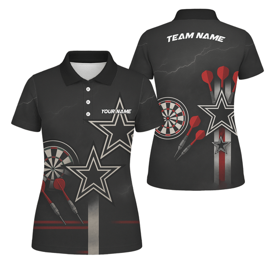 Damen Dart - Poloshirt Personalisiert - Schwarz - Rot - Weiße Sterne Grunge Design H3323 - Outfitsuche