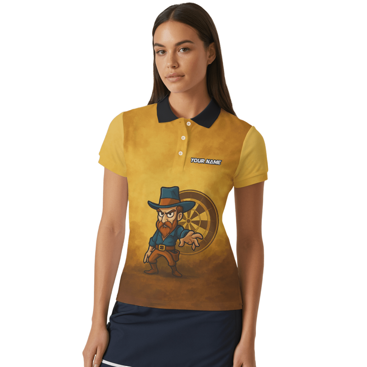 Damen Dart Poloshirt Personalisiert - Wilder Westen Cowboy - Mit Wunschnamen & Team - Braun Gelb Z4073 - Outfitsuche