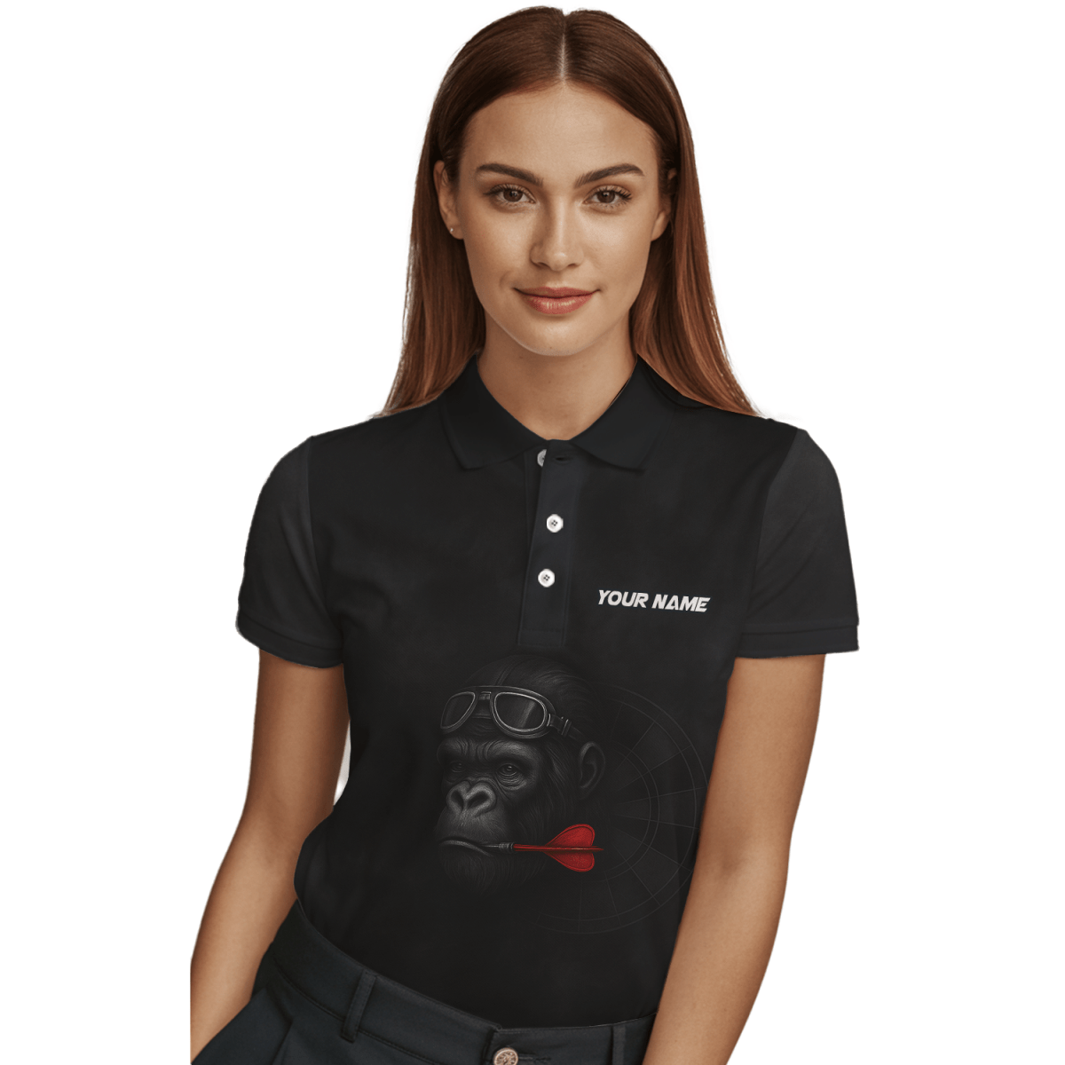 Damen Dart Poloshirt Trikot personalisiert - Gorilla Brille Roter Dart Teamname Schwarz - G7594 - Outfitsuche