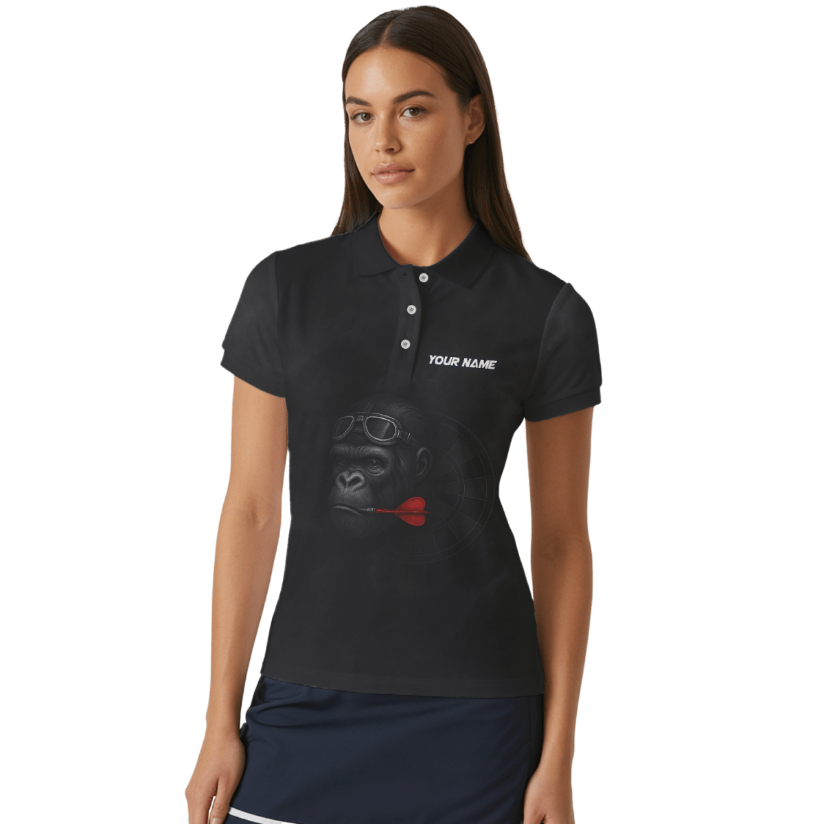 Damen Dart Poloshirt Trikot personalisiert - Gorilla Brille Roter Dart Teamname Schwarz - G7594 - Outfitsuche