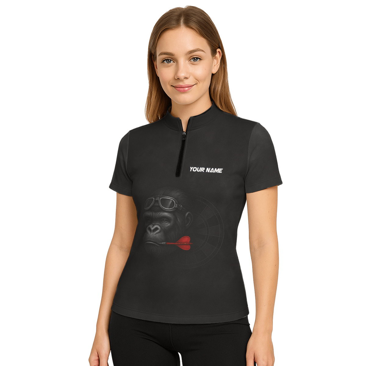 Damen Dart Poloshirt Trikot personalisiert - Gorilla Brille Roter Dart Teamname Schwarz - G7594 - Outfitsuche