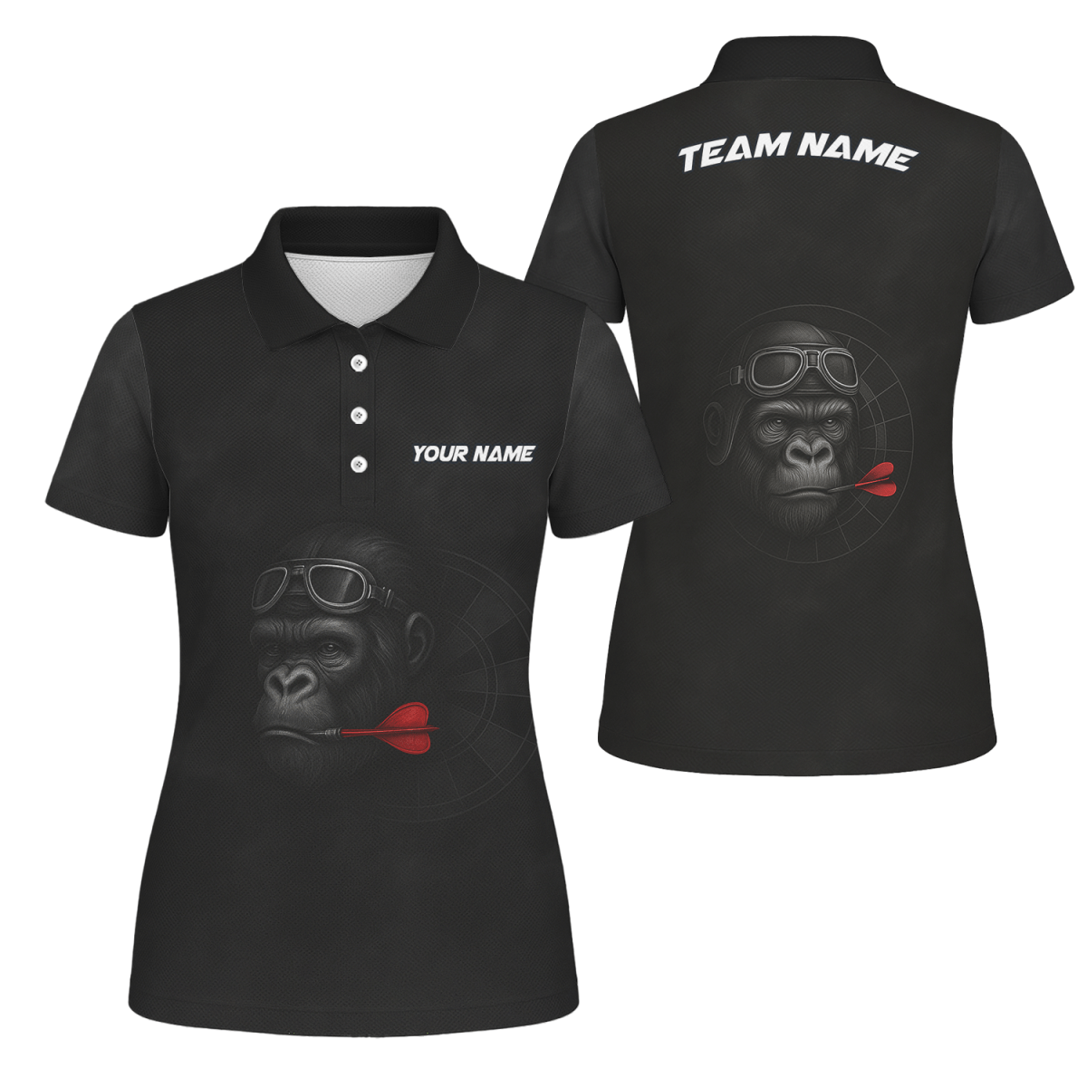 Damen Dart Poloshirt Trikot personalisiert - Gorilla Brille Roter Dart Teamname Schwarz - G7594 - Outfitsuche