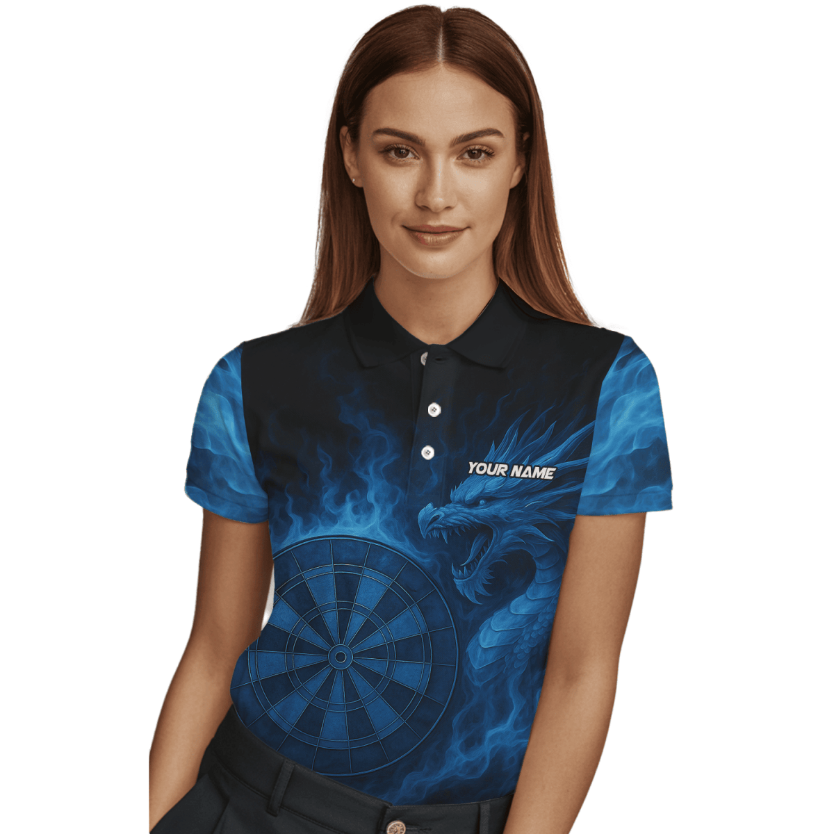 Damen Darts Polo - Shirt personalisierbar mit Wunschname / Wunschtext – Brüllender Tiger Motiv Schwarz - Orange M0703 - Outfitsuche