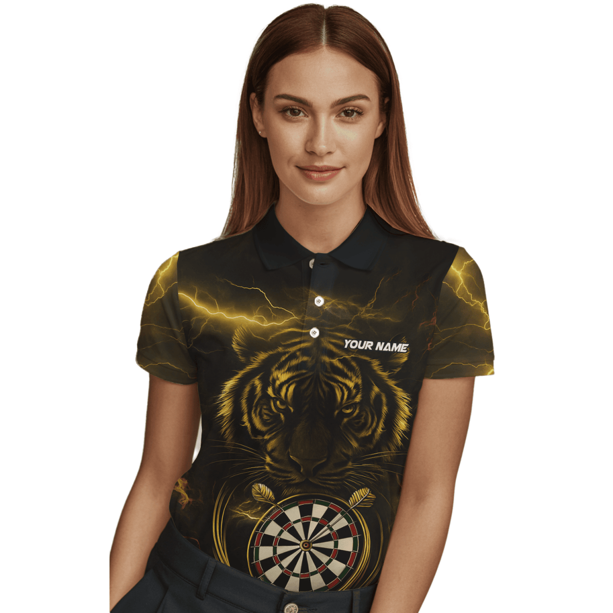 Damen Darts Poloshirt 'Fire Dog' – Personalisierbar, Schwarz - Orange X5692 - Outfitsuche