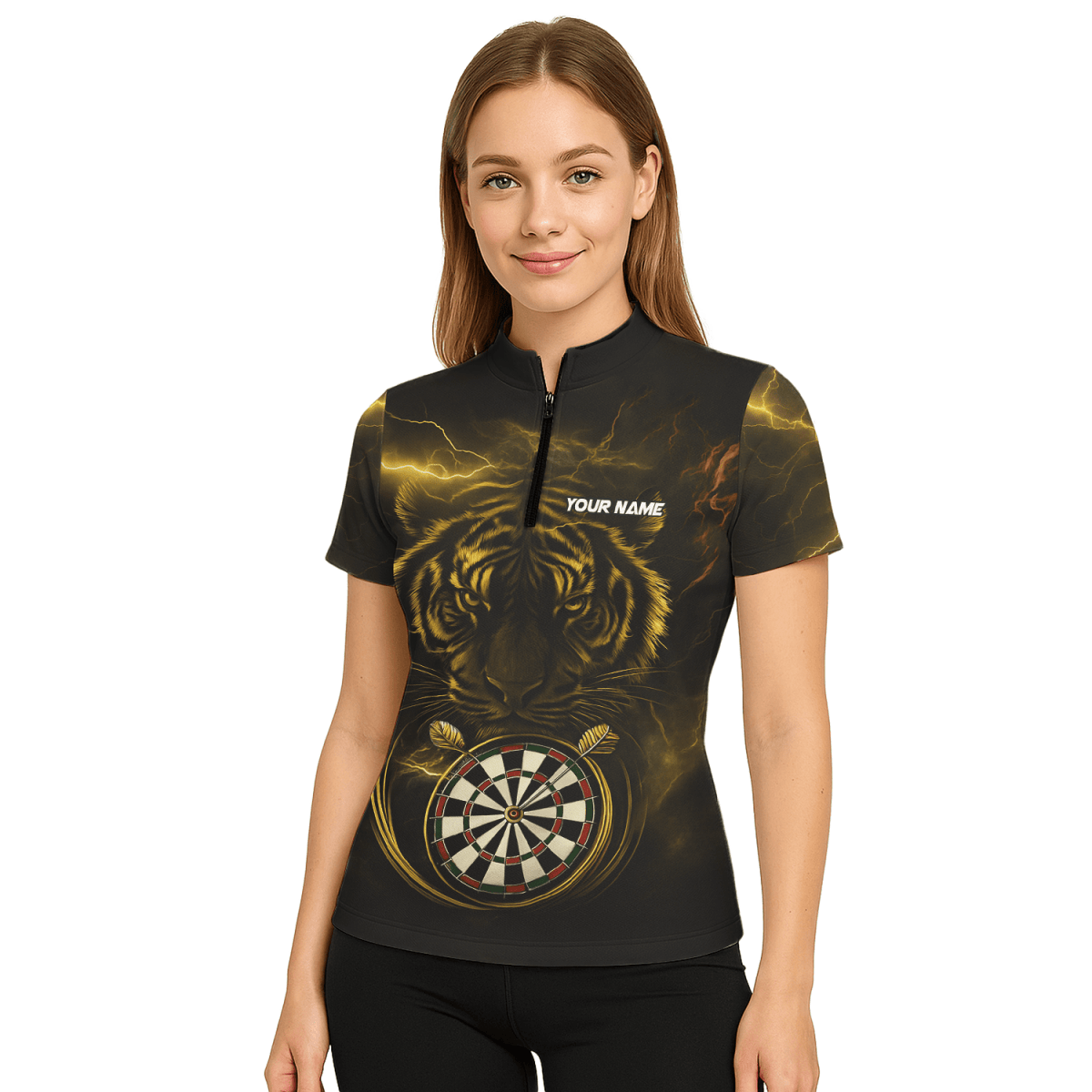 Damen Darts Poloshirt 'Fire Dog' – Personalisierbar, Schwarz - Orange X5692 - Outfitsuche