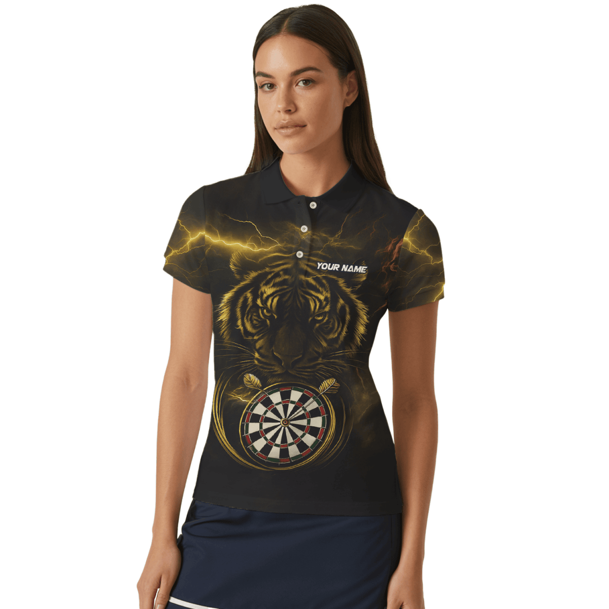 Damen Darts Poloshirt 'Fire Dog' – Personalisierbar, Schwarz - Orange X5692 - Outfitsuche
