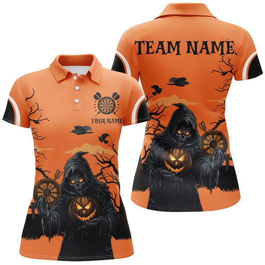 Damen Individuelles Orangenes Gruseliges Skelett Dartshirt - Halloween Spuknacht T2686 - Outfitsuche