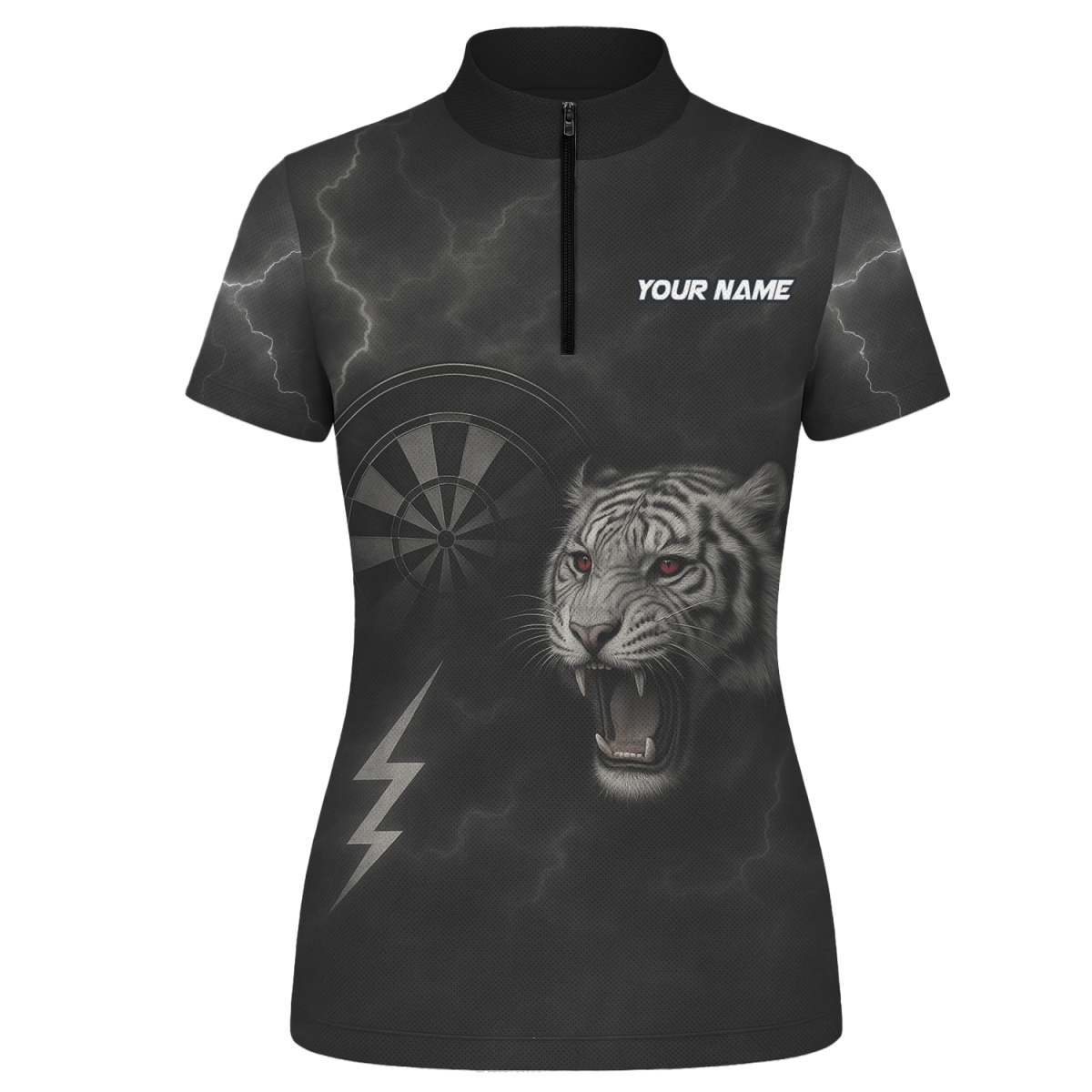 Damen Jersey - Poloshirt Schwarz mit brüllendem Tiger (rote Augen) & Blitz - Pfeil Design K4273 - Outfitsuche