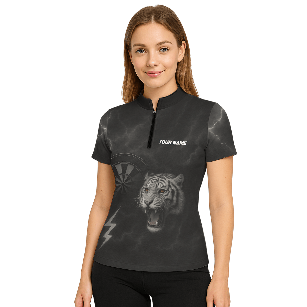 Damen Jersey - Poloshirt Schwarz mit brüllendem Tiger (rote Augen) & Blitz - Pfeil Design K4273 - Outfitsuche