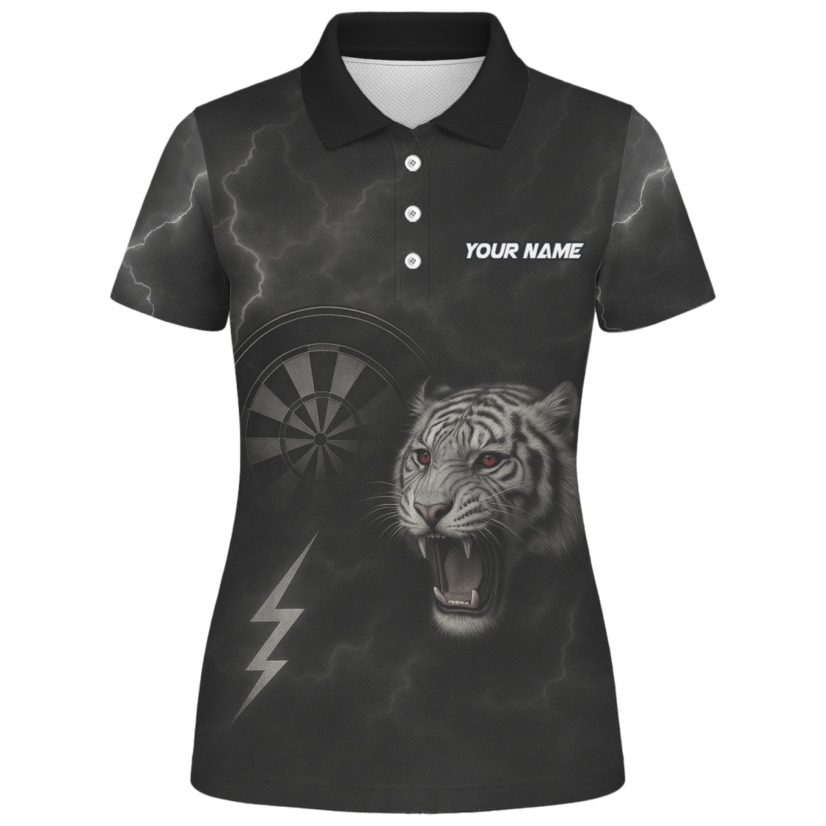 Damen Jersey - Poloshirt Schwarz mit brüllendem Tiger (rote Augen) & Blitz - Pfeil Design K4273 - Outfitsuche