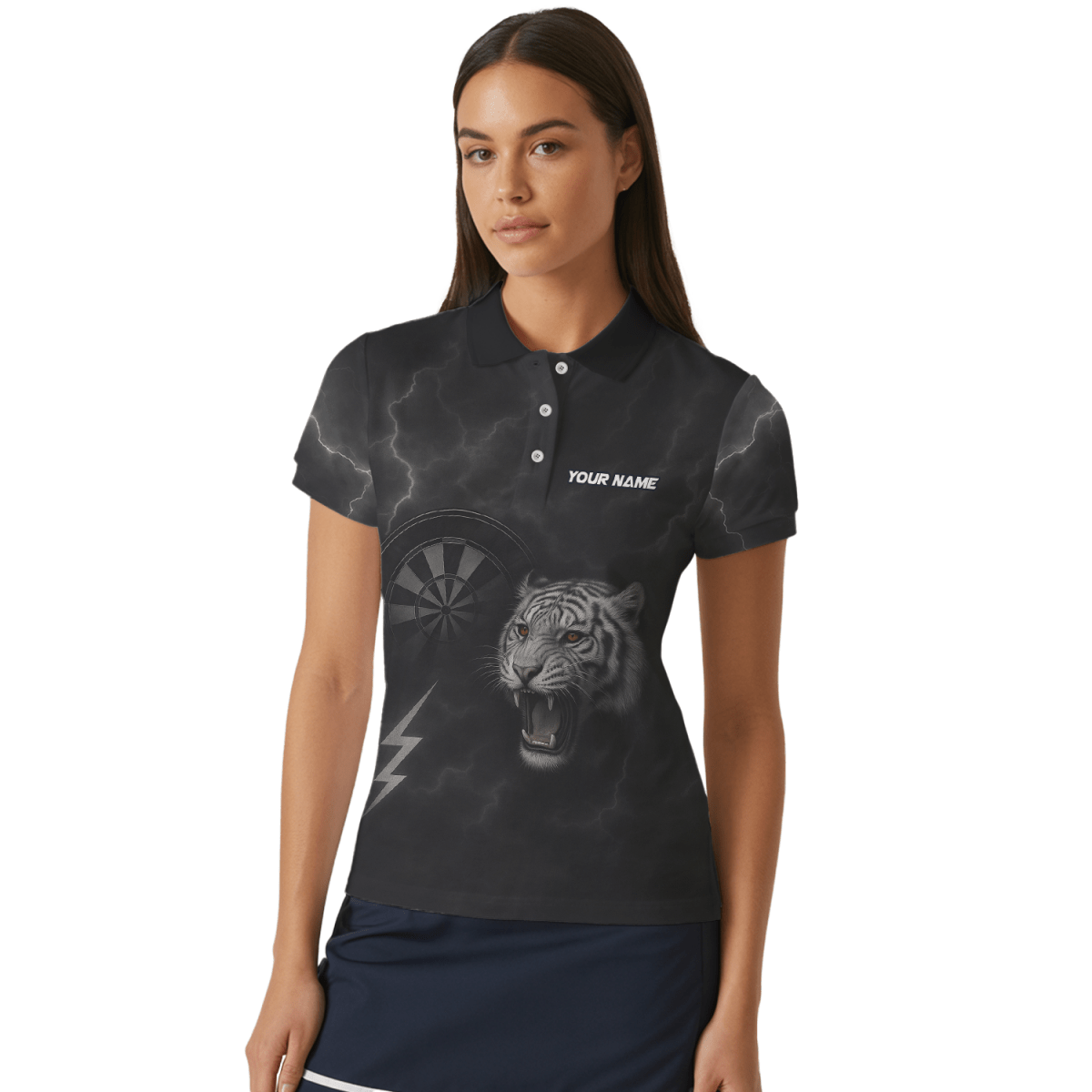 Damen Jersey - Poloshirt Schwarz mit brüllendem Tiger (rote Augen) & Blitz - Pfeil Design K4273 - Outfitsuche