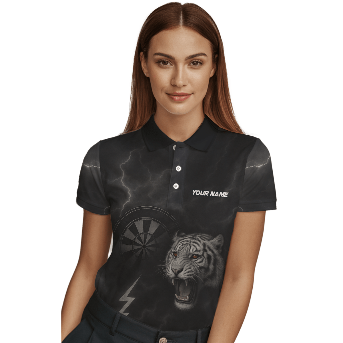 Damen Jersey - Poloshirt Schwarz mit brüllendem Tiger (rote Augen) & Blitz - Pfeil Design K4273 - Outfitsuche