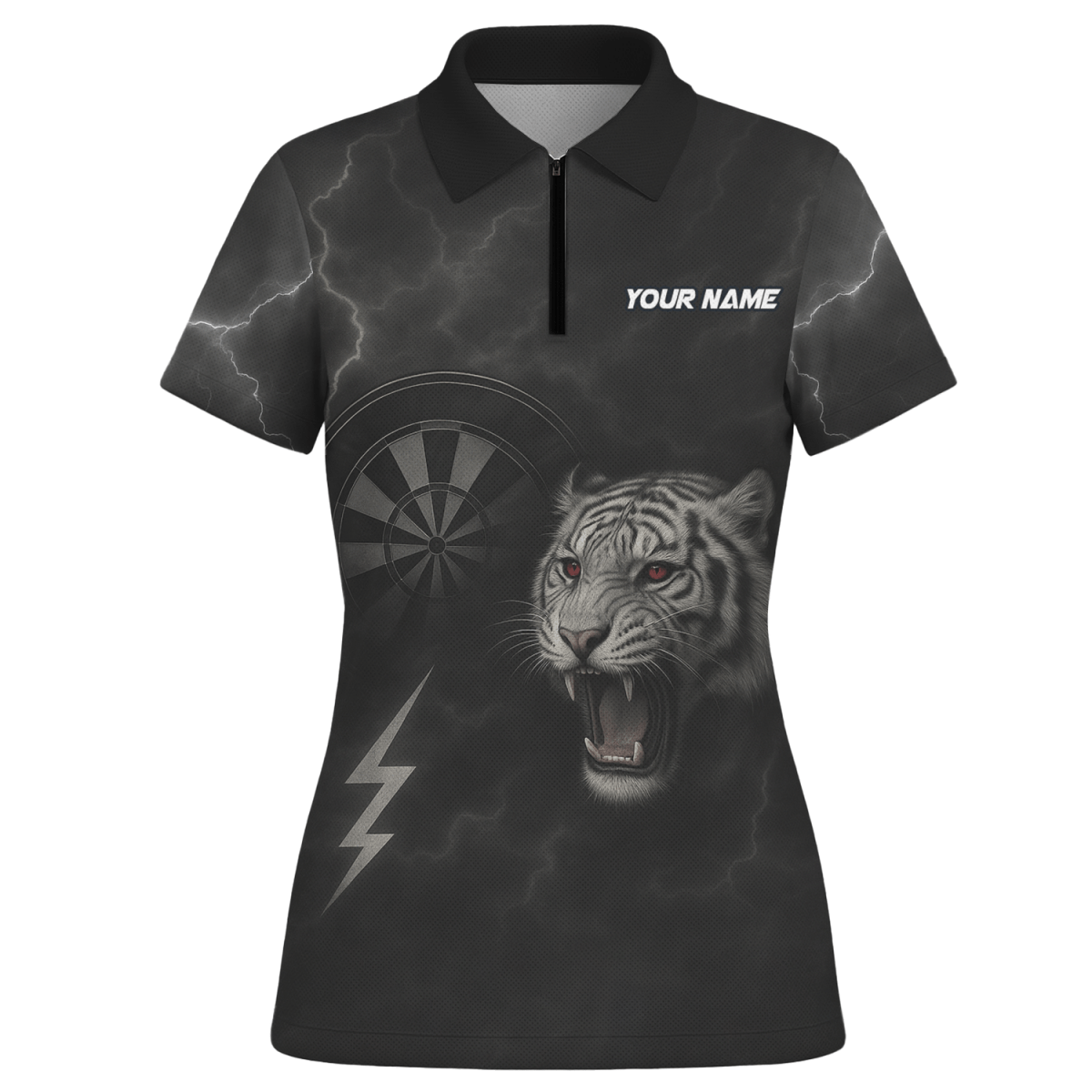 Damen Jersey - Poloshirt Schwarz mit brüllendem Tiger (rote Augen) & Blitz - Pfeil Design K4273 - Outfitsuche