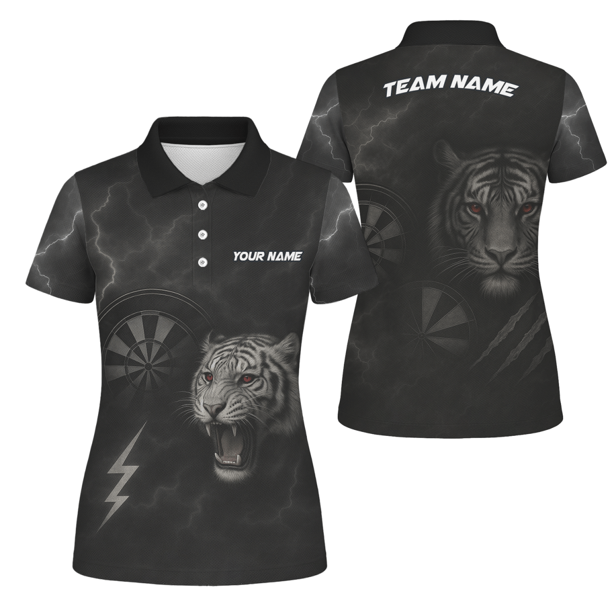 Damen Jersey - Poloshirt Schwarz mit brüllendem Tiger (rote Augen) & Blitz - Pfeil Design K4273 - Outfitsuche