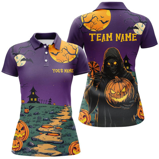 Damen Lila Halloween Spuknacht Dart Shirt - Gruselige Skelett T2738 - Outfitsuche