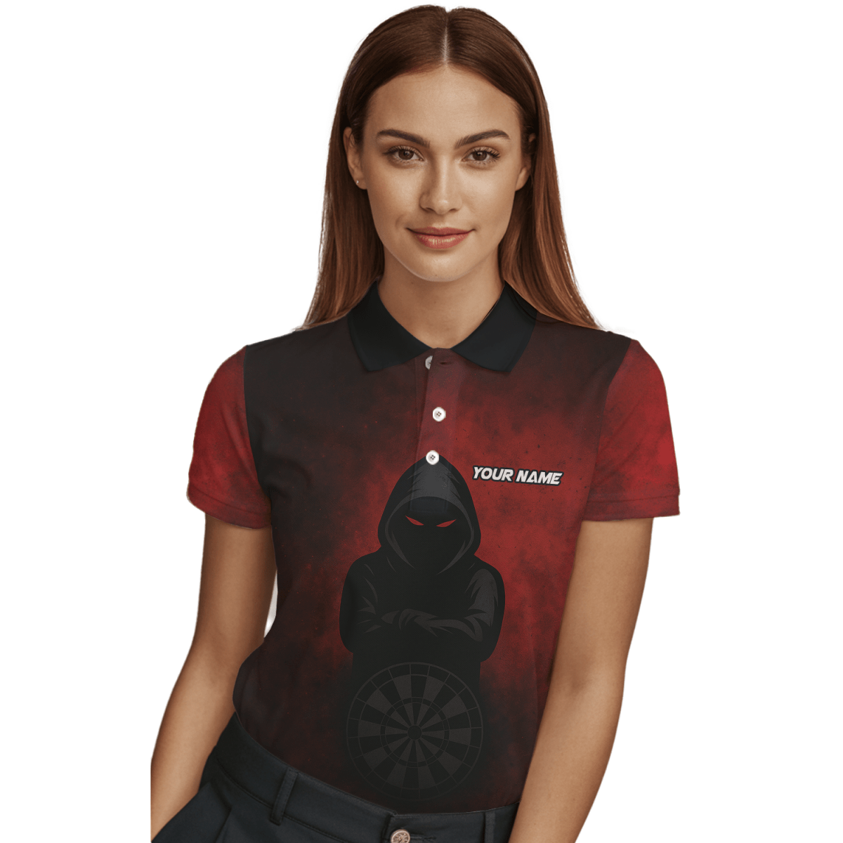 Damen Personalisiertes Kapuzen - Poloshirt Rote Augen Dart Rot Schwarz A5016 - Outfitsuche
