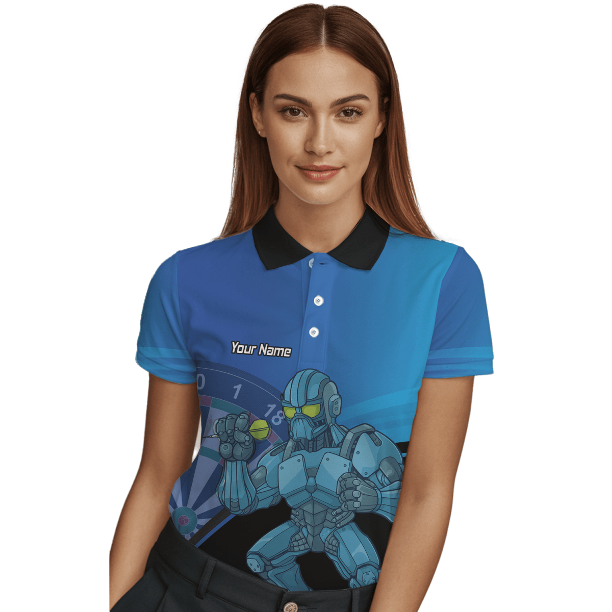 Damen Personalisiertes Roboter - Mech Poloshirt Blau Schwarz P6936 - Outfitsuche