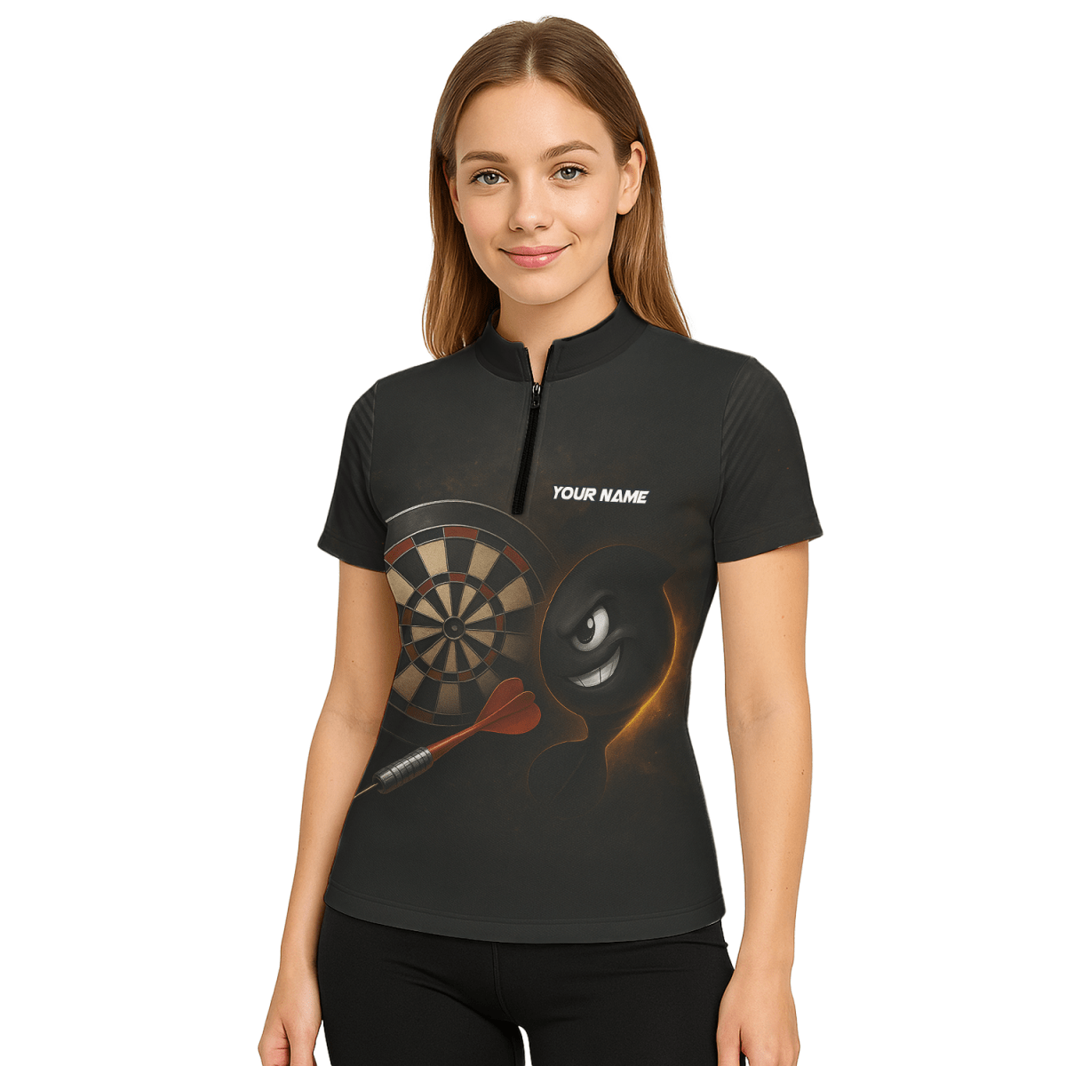 Damen Personalisiertes Schwarzes Jersey Poloshirt mit Explosivem Dart Motiv P7113 - Outfitsuche