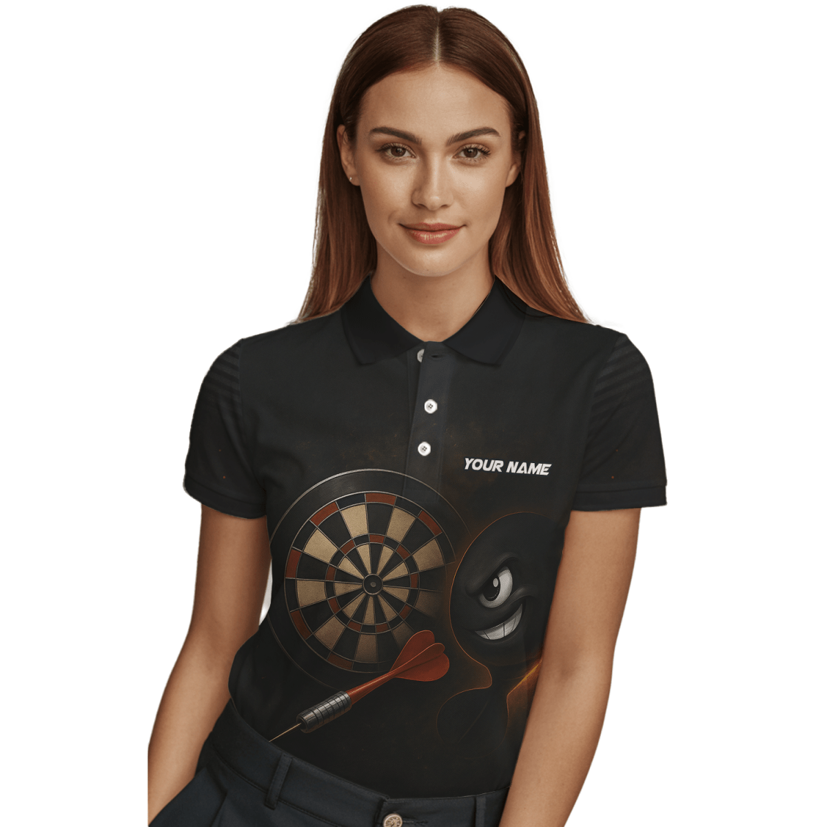 Damen Personalisiertes Schwarzes Jersey Poloshirt mit Explosivem Dart Motiv P7113 - Outfitsuche