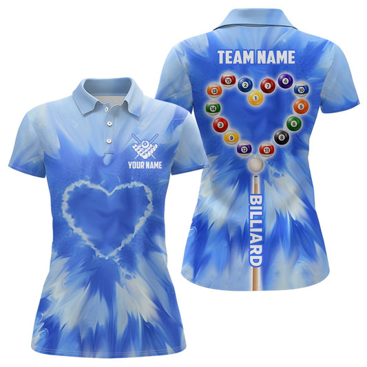 Damen Polo - Shirt T1361 mit blauen Batik - Herzen für Billard - Outfitsuche