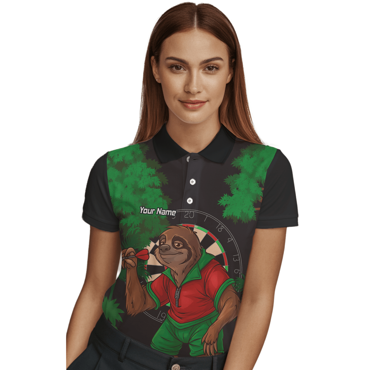 Damen Poloshirt Faultier Darts Dschungel Motiv Personalisiert Schwarz Grün Rot K9408 - Outfitsuche