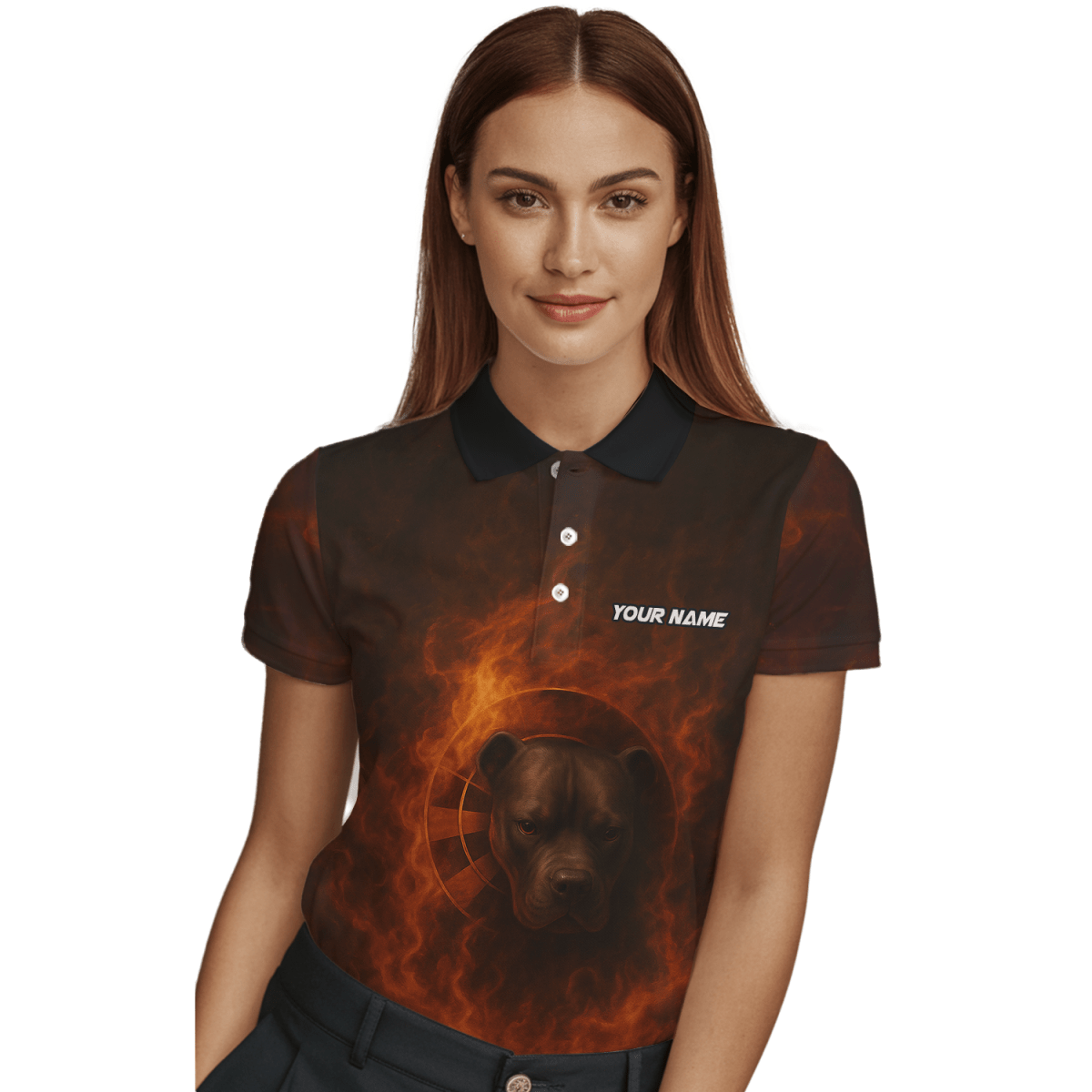 Damen Poloshirt mit Wunschname: Pitbull Flammen Motiv Y3740 - Outfitsuche