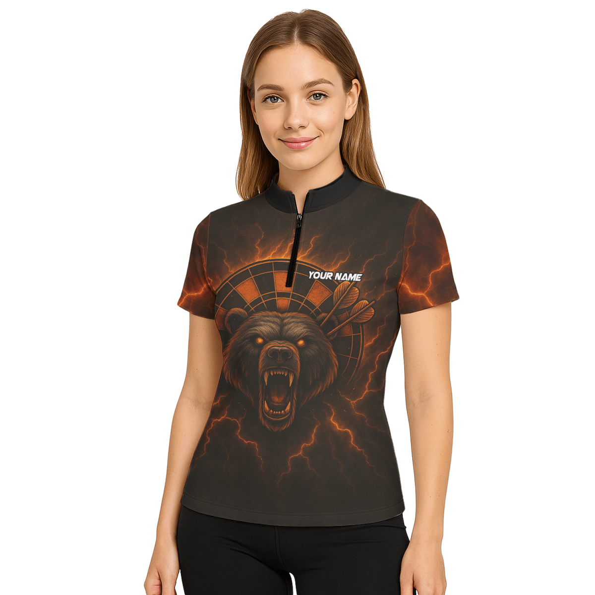 Damen Poloshirt Personalisiert Feuriger Bär Blitzpfeil Motiv Schwarz Rot Orange R3672 - Outfitsuche