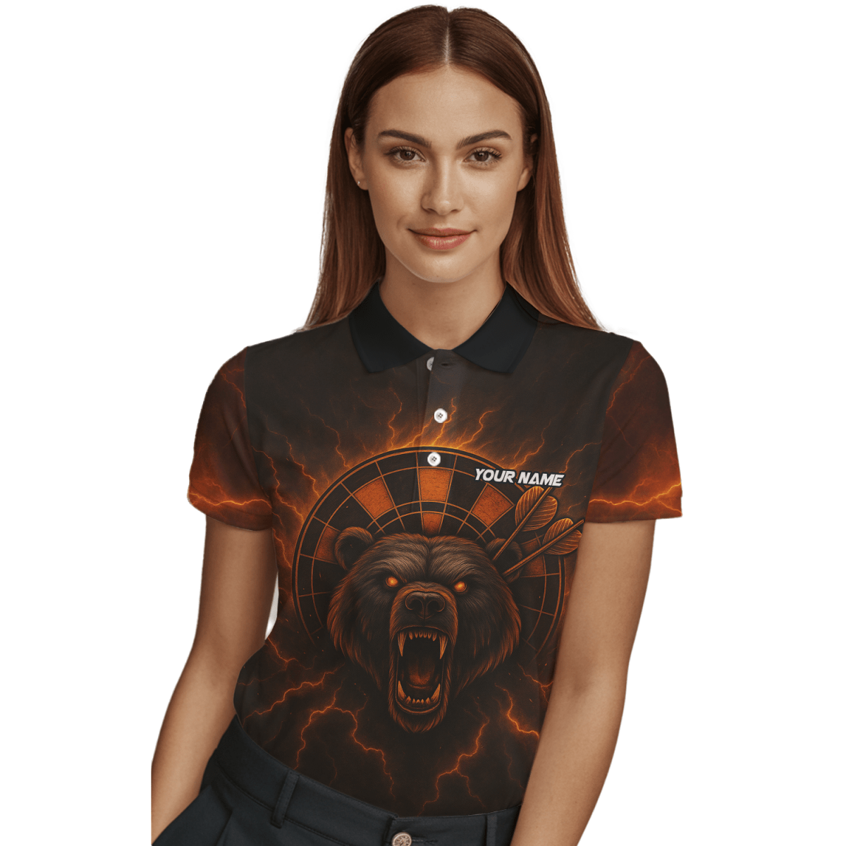 Damen Poloshirt Personalisiert Feuriger Bär Blitzpfeil Motiv Schwarz Rot Orange R3672 - Outfitsuche