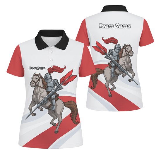 Damen Poloshirt Personalisiert mit Ritter - Pferd Motiv Mittelalter Rot - Weiß C4048 - Outfitsuche