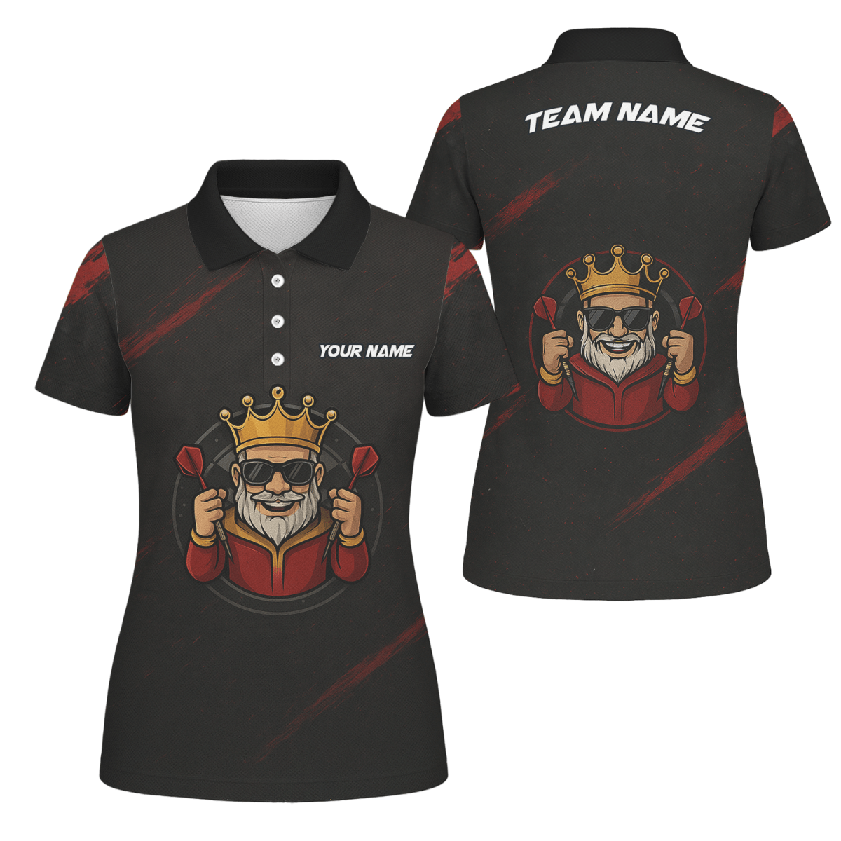 Damen Poloshirt Personalisiert Schwarz Rot mit Königskrone & Dart Grunge Motiv - Outfitsuche