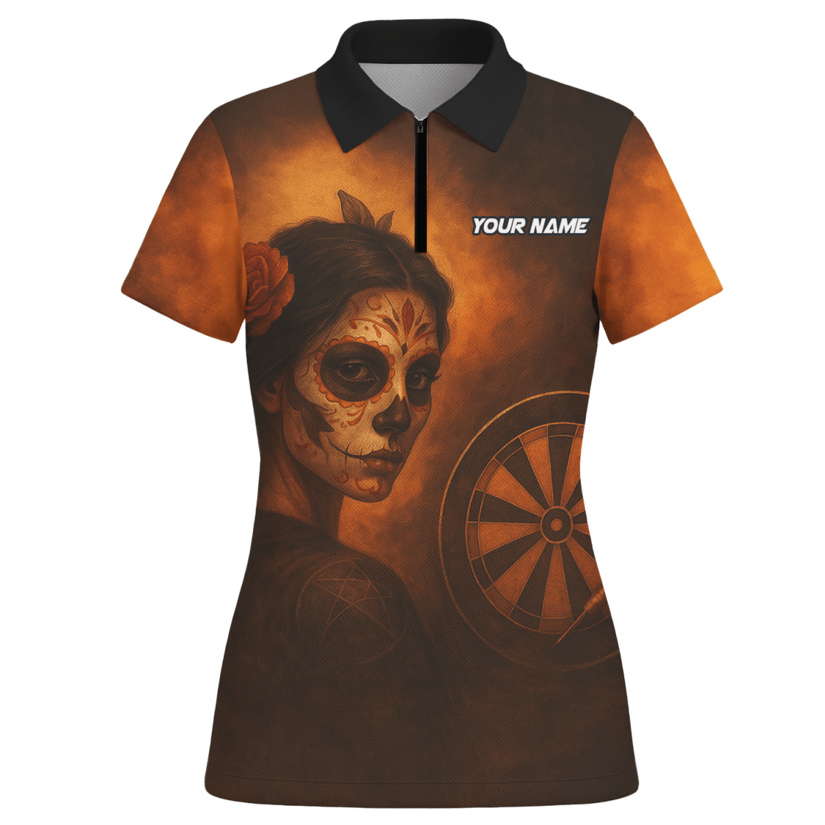 Damen Poloshirt Personalisiert Tag der Toten Zuckerschädel Darts Motiv Braun Orange K7534 - Outfitsuche