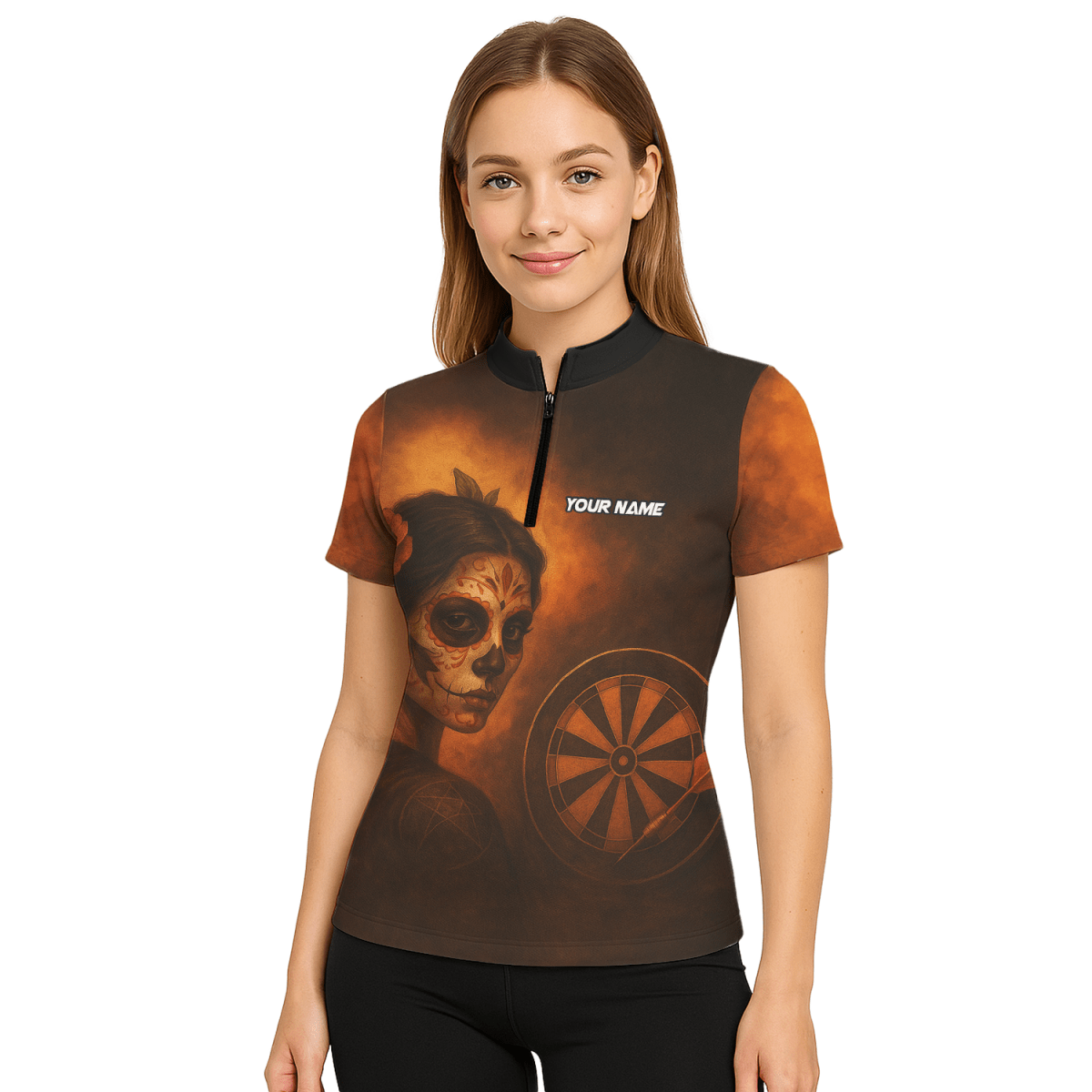 Damen Poloshirt Personalisiert Tag der Toten Zuckerschädel Darts Motiv Braun Orange K7534 - Outfitsuche