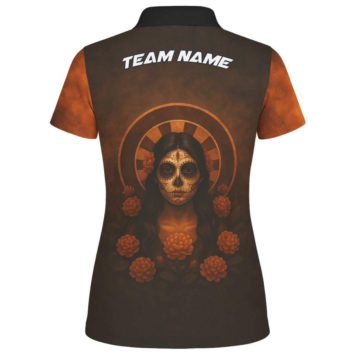Damen Poloshirt Personalisiert Tag der Toten Zuckerschädel Darts Motiv Braun Orange K7534 - Outfitsuche