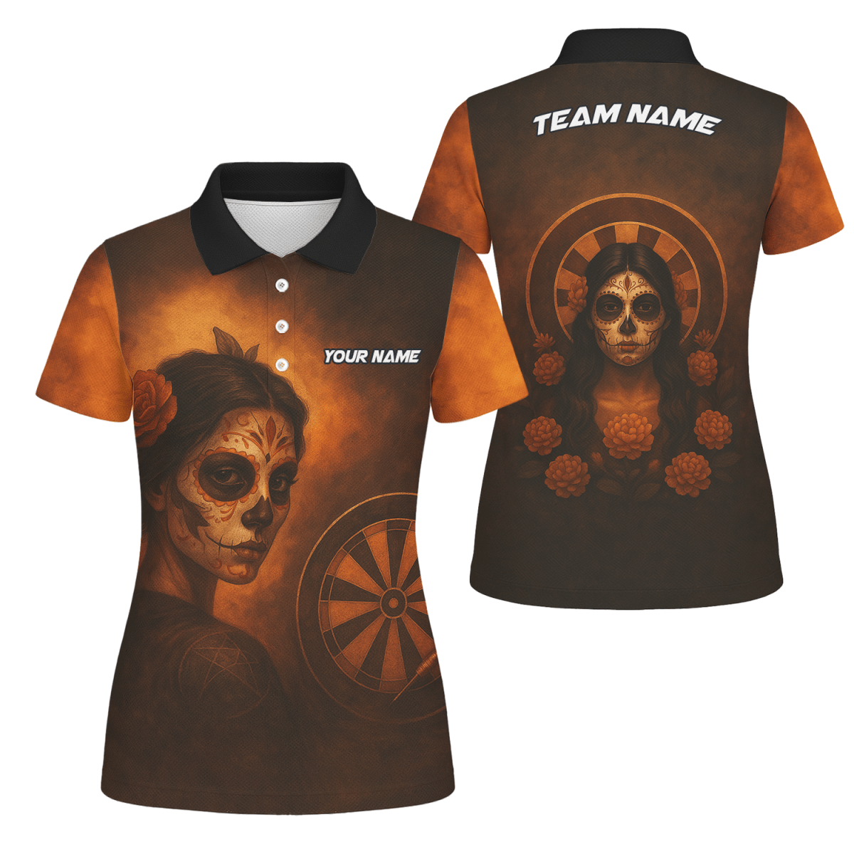 Damen Poloshirt Personalisiert Tag der Toten Zuckerschädel Darts Motiv Braun Orange K7534 - Outfitsuche