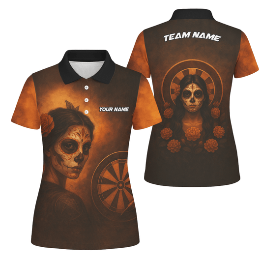 Damen Poloshirt Personalisiert Tag der Toten Zuckerschädel Darts Motiv Braun Orange K7534 - Outfitsuche