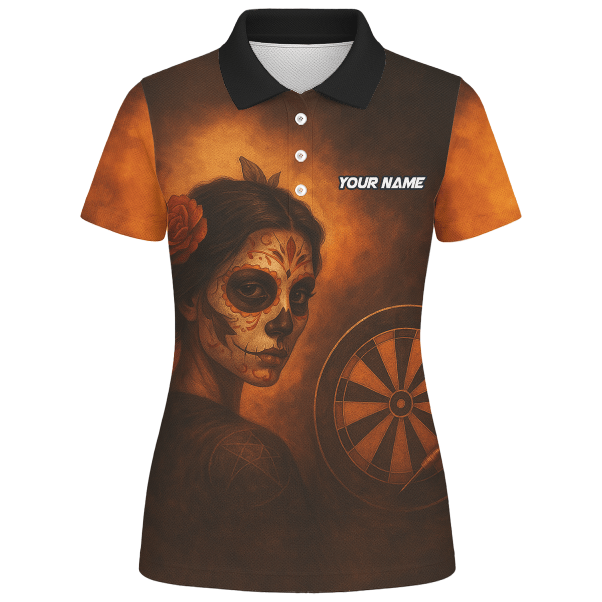 Damen Poloshirt Personalisiert Tag der Toten Zuckerschädel Darts Motiv Braun Orange K7534 - Outfitsuche